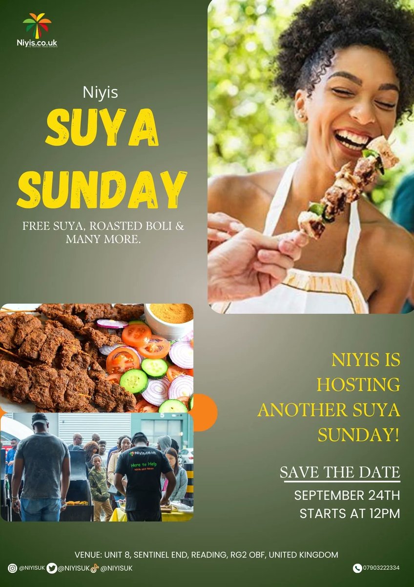 Get ready for another Suya Sunday with unbeatable vibes and a cultural feast! 🥩🔥 Free suya, roasted boli, and more await you on September 24th. Don't miss out! 🇳🇬🎉 Visit us at Unit 8, Sentinel End, Reading, RG2 OBF, UK. Manny Speed FULL TIME RED CARD YouTubers