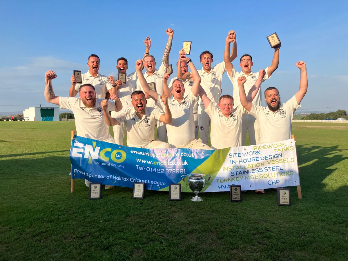 HalifaxCL's tweet photo. Congratulations to @ThorntonCC on winning a historic treble for the first time in the @HalifaxCL The team are pictured with the Premier Division Trophy celebrating, if they win next week they will remain unbeaten across the season what a magnificent season👏👏👏🏆🏆🏆🏏🏏🏏 https://t.co/vuR7OPsi1l