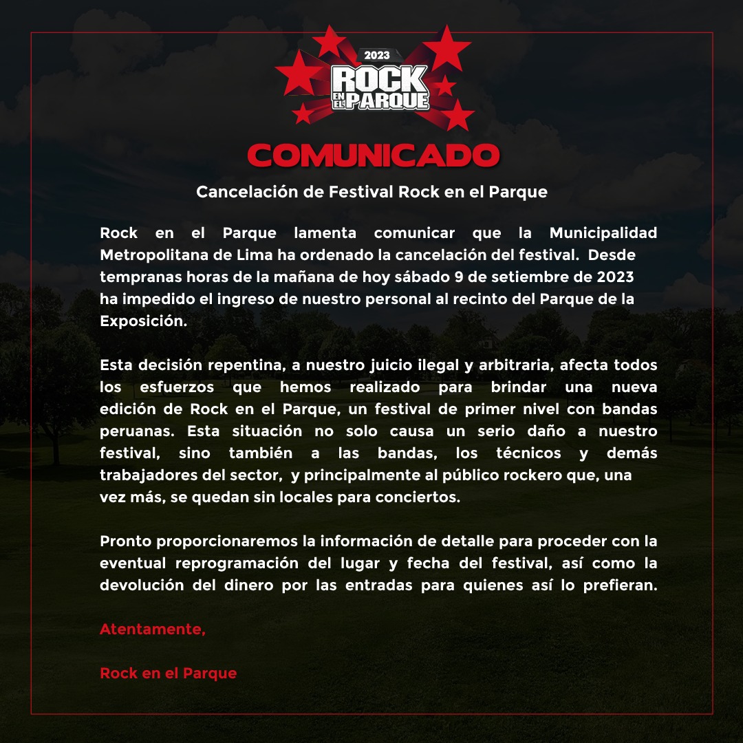 blogdenotas's tweet photo. La Municipalidad de Lima canceló la realización del festival Rock en el Parque. Ojo con eso. https://t.co/bVA2k9hPmv