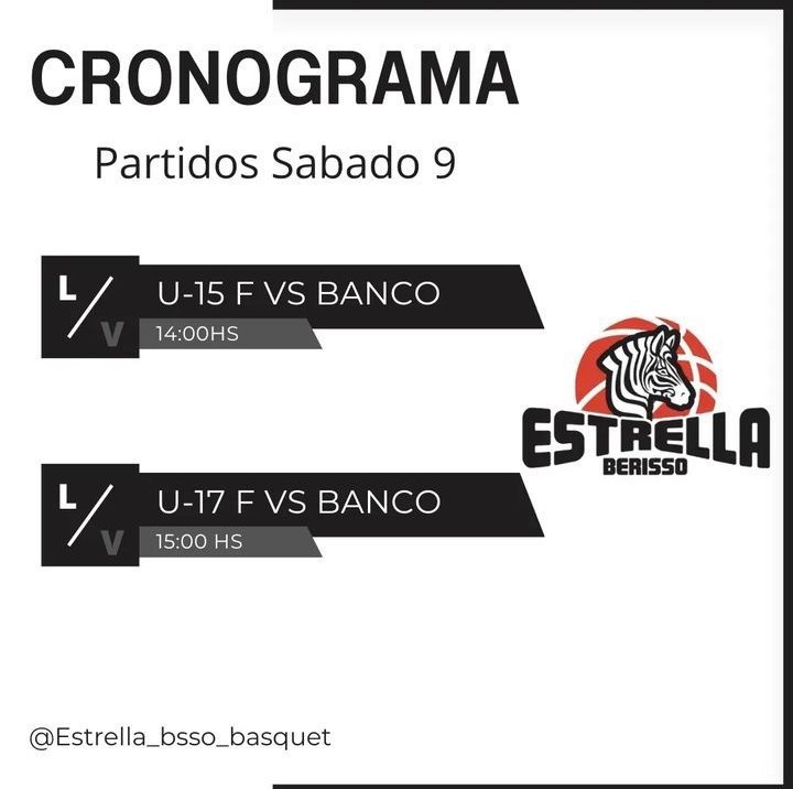 HOY JUEGA LA CEBRA!!

U-15 F vs <a href="/ClubBPLP/">Club Banco Provincia La Plata</a> 
🕐14:00hs
🏠8 e/165 y 166 📍Berisso

U-17 F vs <a href="/ClubBPLP/">Club Banco Provincia La Plata</a> 
🕐15:00hs
🏠8 e/165 y 166 📍Berisso

#todosjuntos
#vamoslacebra 🤍🖤🦓
