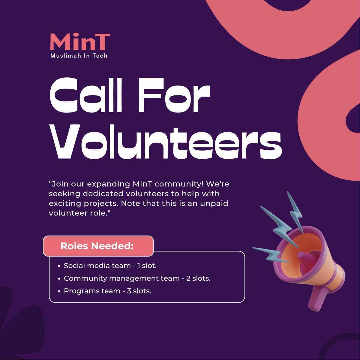 We're expanding our team! To provide better value to our community members, Muslimah in Tech (MinT), calls for volunteers. Read the post to learn more. If you're interested, check the next tweet for the application link.