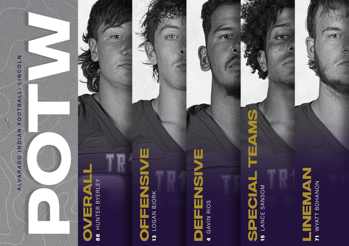 🏹🏈 Players of the Week 🏈🏹

Shoutout to these players for earning Player of the Week honors for the Lincoln game. Congrats! 

#AlvaradoExcellence #TR1BE #LFO