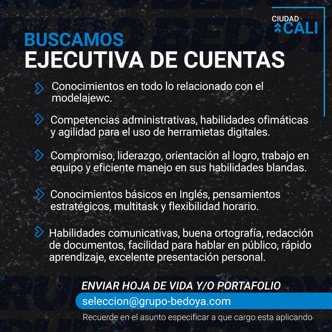 📣Contamos con vacantes disponibles, si estás en Cali estás oportunidades son para ti, postúlate enviando la hoja de vida al correo: seleccion@grupo-bedoya.com