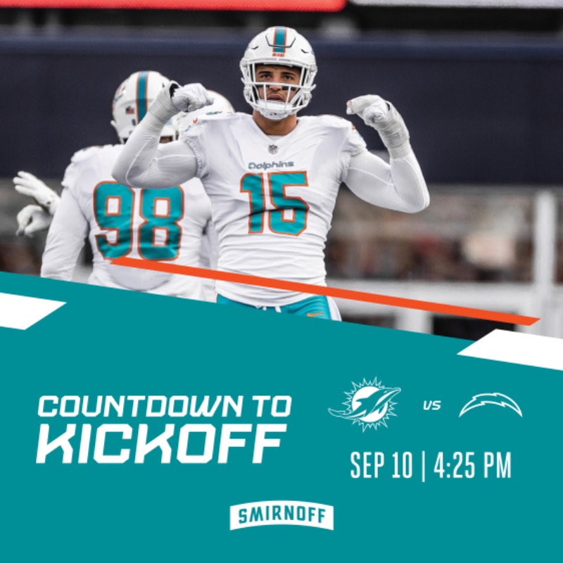 MiamiDolphins's tweet photo. #MIAvsLAC is almost here! ⏳ #CountdownToKickoff