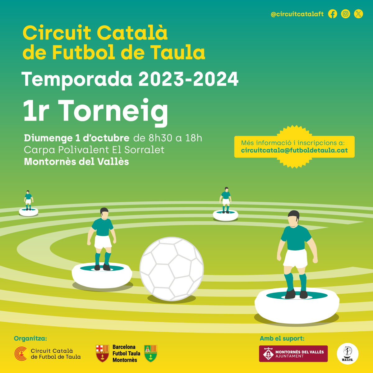 circuitcatalaft's tweet photo. Diumenge 1 d'octubre comença la temporada 23-24 del circuit català, tornem a Montornès del Vallès! Teniu el detall per les inscripcions a la imatge adjunta. Animeu-vos! #subbuteo #calciotavolo #futboldemesa #futboldetaula #circuitcatala #waspa #tablefootball #montornesdelvalles https://t.co/NUZLaMb5Zb