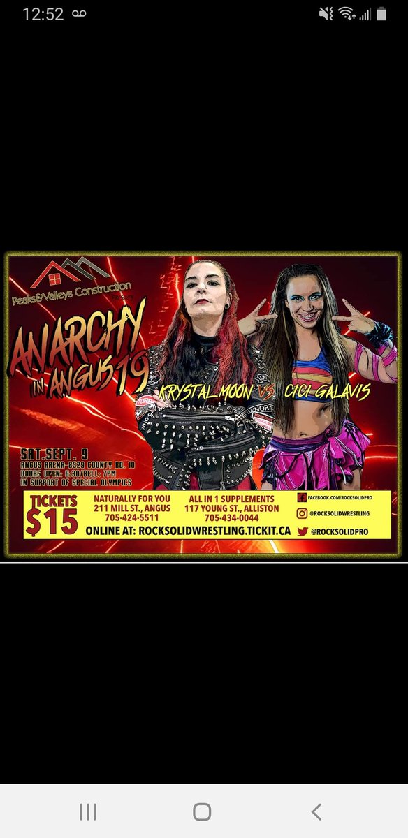 ⚡️MISFIT VS VIXEN⚡️

With only days left before Anarchy In Angus 19 , a new match up has been added to the card, and it's one you don't want to miss!

🗽Krystal Moon🗽
From New York, USA

🆚️

🇻🇪Cici Galavis🇻🇪
From Caracas, Venezuela

A battle of female supremacy
