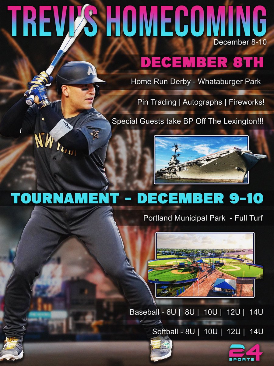 HipHipJose5's tweet photo. "📢 Excited to announce 'Trevi's Homecoming' in my hometown, Corpus Christi, TX!  Join us for baseball, softball, autographs, home run derby, fireworks, and more! Limited spots—registration opens at 6pm CT.  Link will be in my bio!  Let's make it unforgettable! #TreviHomecoming https://t.co/k5NeKSqNJB