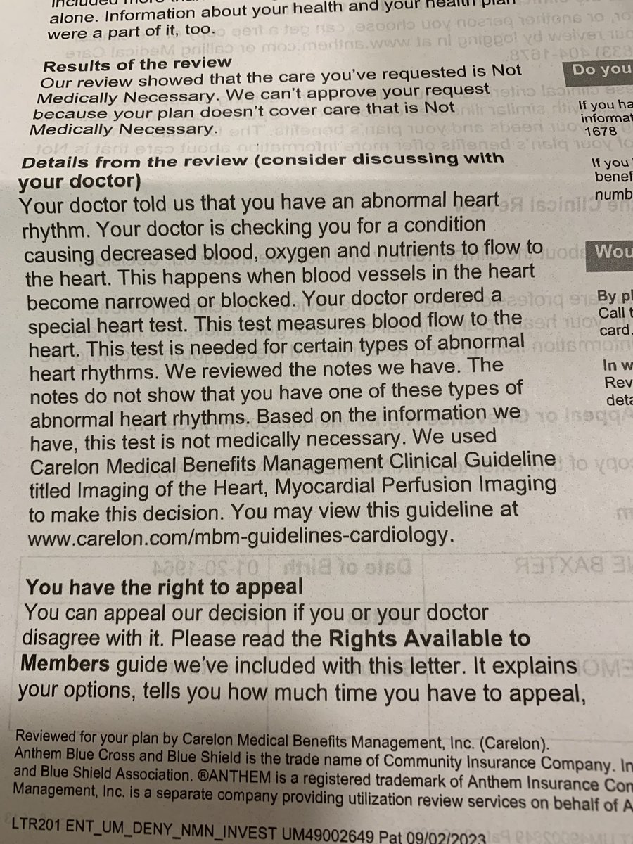 My Dr ordered a heart stress test for me due to chest pain and an abnormal rhythm. @bluecross deemed it not medically necessary. Insurance companies dictating care. #healthcareinamerica #bluecrossanthemsucks