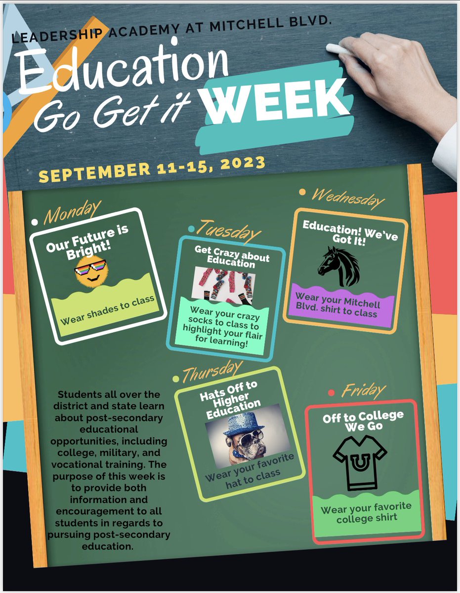 LAMitchellFW's tweet photo. Help us celebrate your future by participating in Education Go Get it Week! #leadwithlan #leadershipacademynetwork #allinwithlan #mitchellblvd #lamitchellblvd #mitchellmustangs @LANschools https://t.co/h3sXgb9nw0