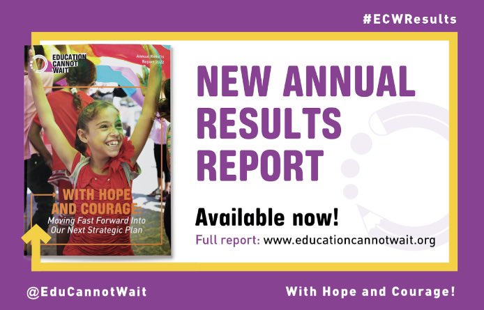 📣With Hope & Courage!

@EduCannotWait’s new #ECWResults Report just launched – learn how we are delivering #QualityEducation to girls & boys in emergencies & protracted crises with speed, agility & strategic partnerships!

👉bit.ly/ECWResults22
@UN #222MillionDreams✨📚