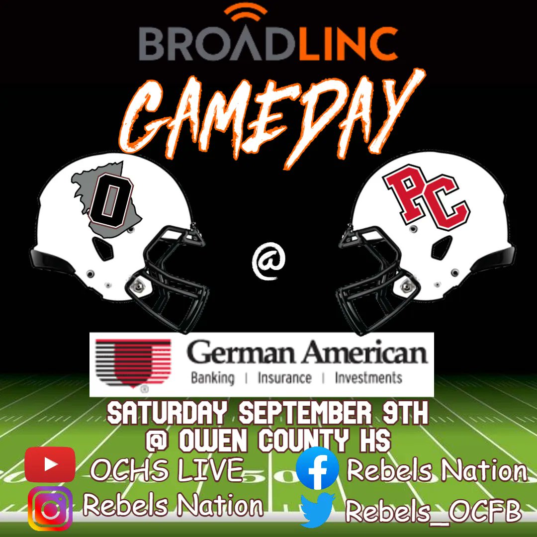 🏈 <a href="/getbroadlinc/">Broadlinc</a> REBELS GAMEDAY 🏈 
<a href="/_GermanAmerican/">German American</a> BOWL
<a href="/OwenSchools/">Owen County Schools</a> <a href="/Rebels_OCFB/">Rebels Football</a> vs <a href="/PendletonCHS/">PCHS</a> <a href="/PCAthleticsKY/">PCAthleticsOfficial</a> 
📍 <a href="/OwenSchools/">Owen County Schools</a> 
🎥 OCHS Live on YouTube 
#WEareOC #RepTheO #OCFB