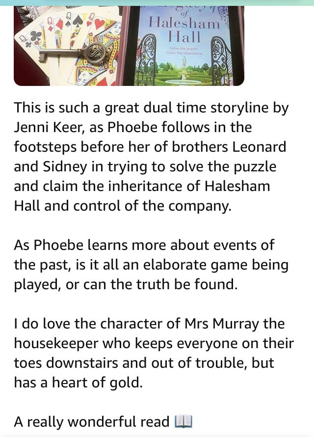 Finished reading this wonderful book by @JenniKeer 📚

“The Legacy of Halesham Hall”
by Jenni Keer

Attached is my
⭐️⭐️⭐️⭐️⭐️
#BookReview

📚🌿🔍♟❤️🔍🌿📚
#BookTwitter
#DualTime
#Reading #Books
#Romance #Puzzle