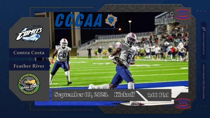 Footballscfa's tweet photo. SCFA Football Game of the Week!!

Feather River Vs Contra Costa
Game on: https://t.co/1BdLK7wiGj
September 09, 2023 | 1:00 PM
@FeatherRiverCol @FRC_FOOTBALL @mama_bwire @Colinlondon6  @614CoachK @CoachKocurek @CoachKocurek @CoachMelly_FRC https://t.co/eiZE8TzV0p