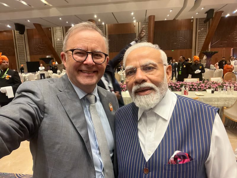 AlboMP's tweet photo. A successful G20 meeting hosted by @narendramodi in New Delhi today followed by a good bilateral discussion about concluding the Comprehensive Economic Cooperation Agreement between Australia and India 🇦🇺🇮🇳 https://t.co/tglLOScrcJ