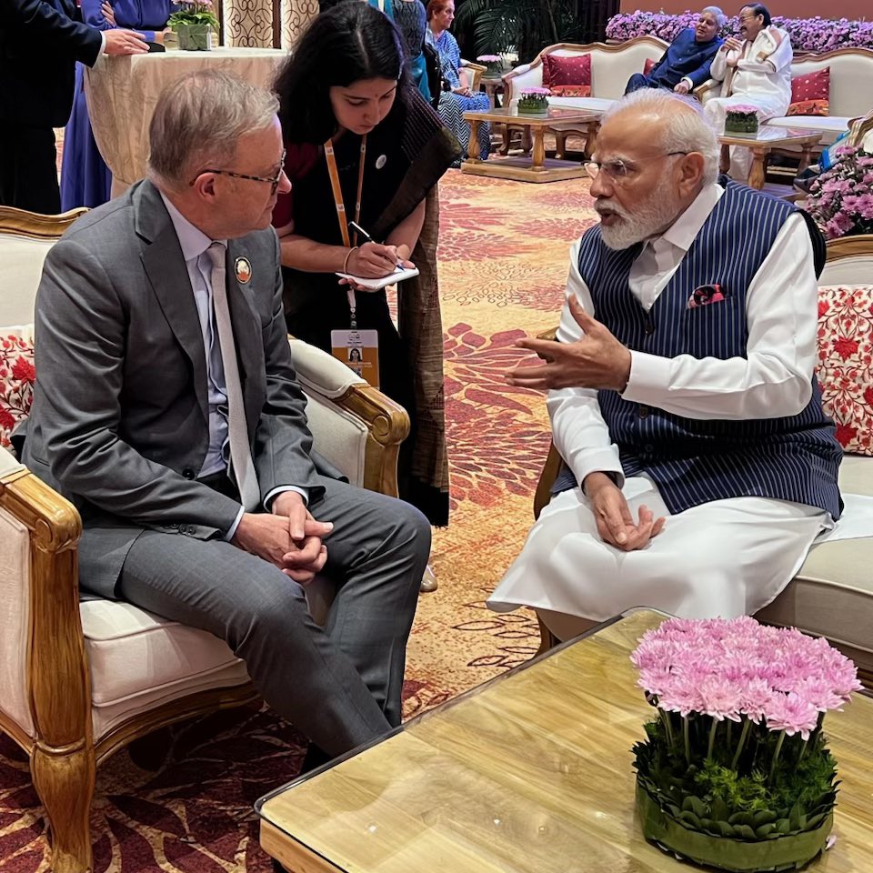 AlboMP's tweet photo. A successful G20 meeting hosted by @narendramodi in New Delhi today followed by a good bilateral discussion about concluding the Comprehensive Economic Cooperation Agreement between Australia and India 🇦🇺🇮🇳 https://t.co/tglLOScrcJ