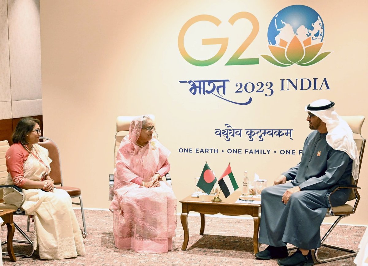 drSaimaWazed's tweet photo. A busy & productive day in #NewDelhi at the #G20 Summit today!

Bilateral meetings with President of the #UAE 🇦🇪 His Highness @MohamedBinZayed, Yoon Suk Yeol @President_KR of the Republic of Korea 🇰🇷, and a wonderfully warm chance encounter with @WHOSEARO Regional Director Dr. Poonam Khetrapal Singh.