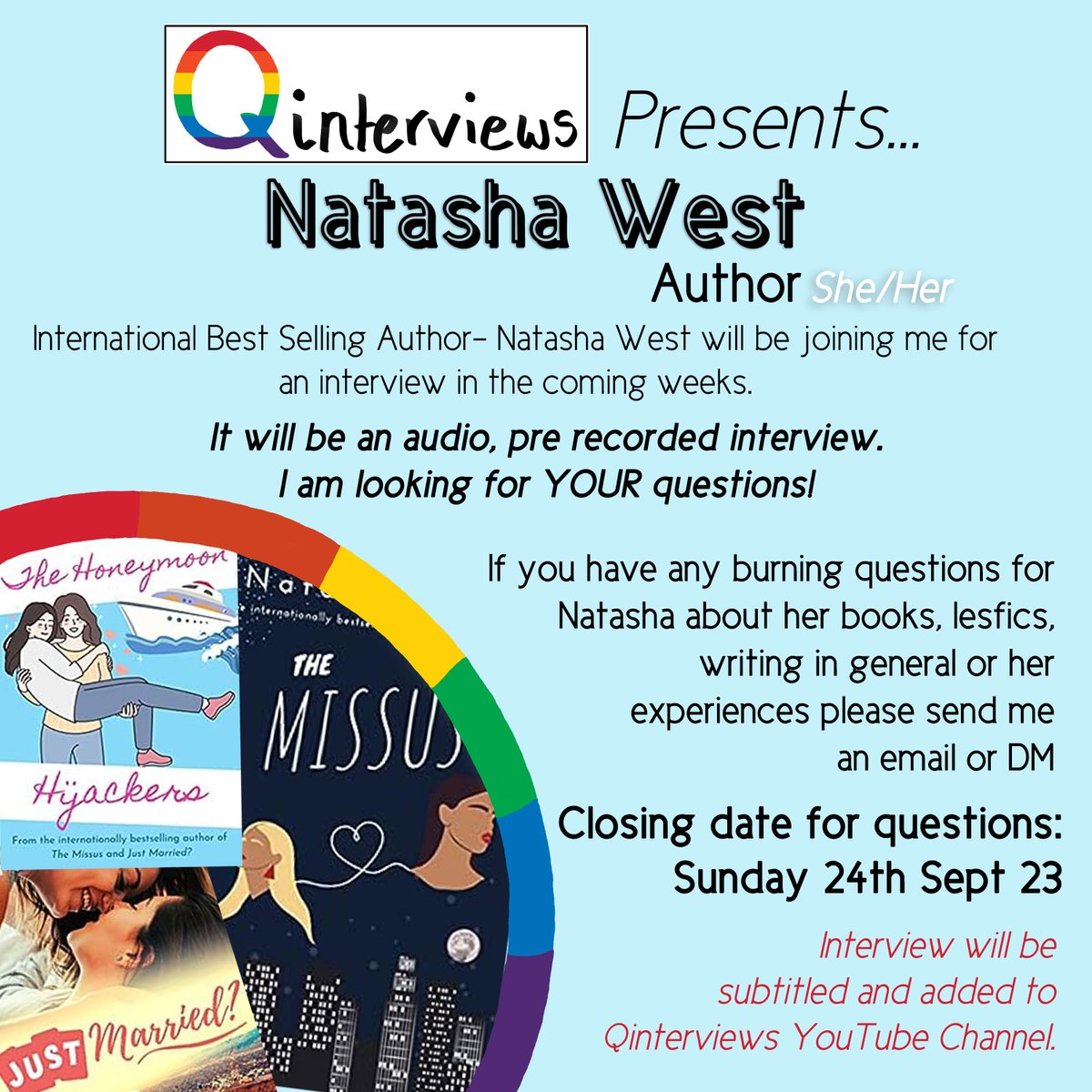 qinterviews's tweet photo. Qinterviews is proud to announce that International Bestselling LesFic Author @MissWestWrites will be joining me for a chat!
Please note, that it will be a pre recorded voice interview.
I am looking for YOUR qs,so please get in touch before the closing date!
#Qinterviews #LesFic https://t.co/olT4pSArc9