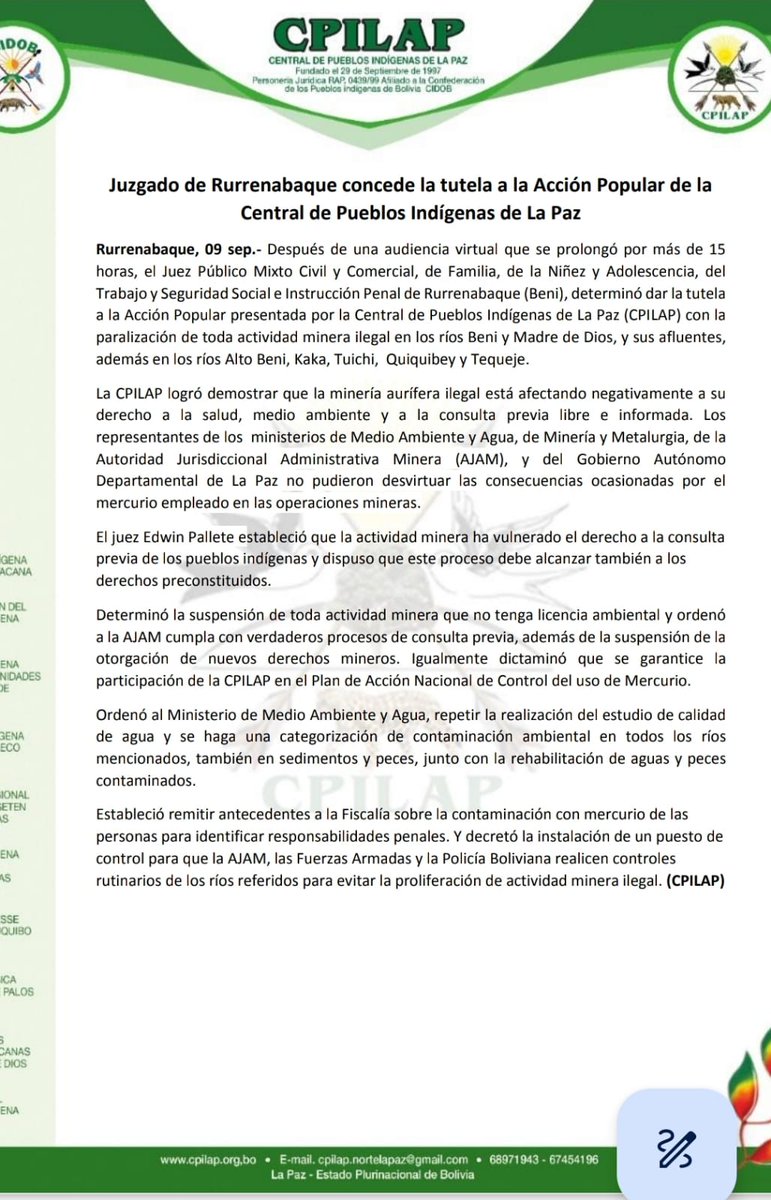 El juez Edwin Pallete ordena paralizar la explotación minera en 7 ríos de La Paz y Beni porque atenta contra los derechos de los pueblos indígenas a la salud, al medio ambiente y a la consulta.
Esta noticia es excelente para la Pachamama, para niños, jóvenes y los que vienen.
