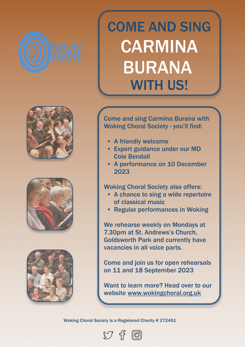 WokingChoral's tweet photo. It's finally back to singing next week!!! We are back to rehearsals on Monday and would like to invite you to join us in rehearsals for Carmina Burana!  More info on our website https://t.co/MZeInI3th0!
See you Monday!🎵
#choir #music #singing #choral #choralmusic #carminaburana https://t.co/x3bLggnGUi