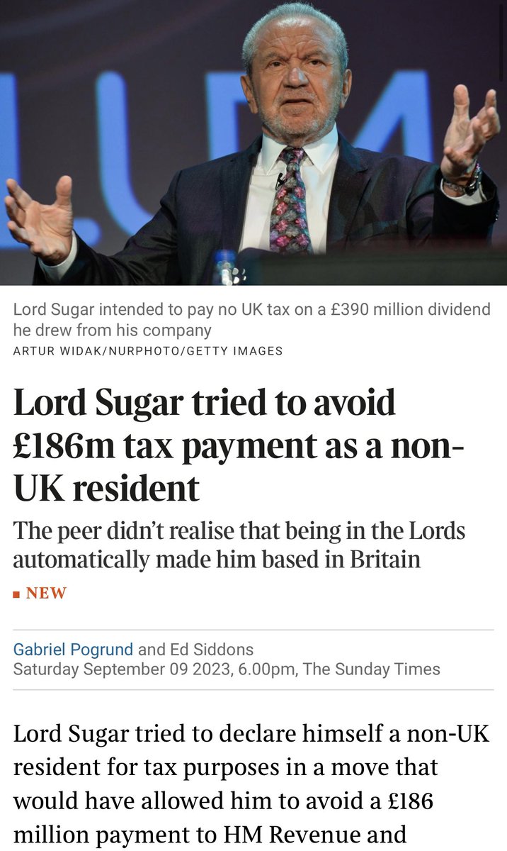 At the end of 2018 Lord Sugar said he would leave the country if Jeremy Corbyn became PM. Tonight the @thetimes and @TBIJ say he argued to the taxman be wasn’t resident here under a Tory government, in order to avoid a £186m tax payment. Presumably the BBC Apprentice presenter