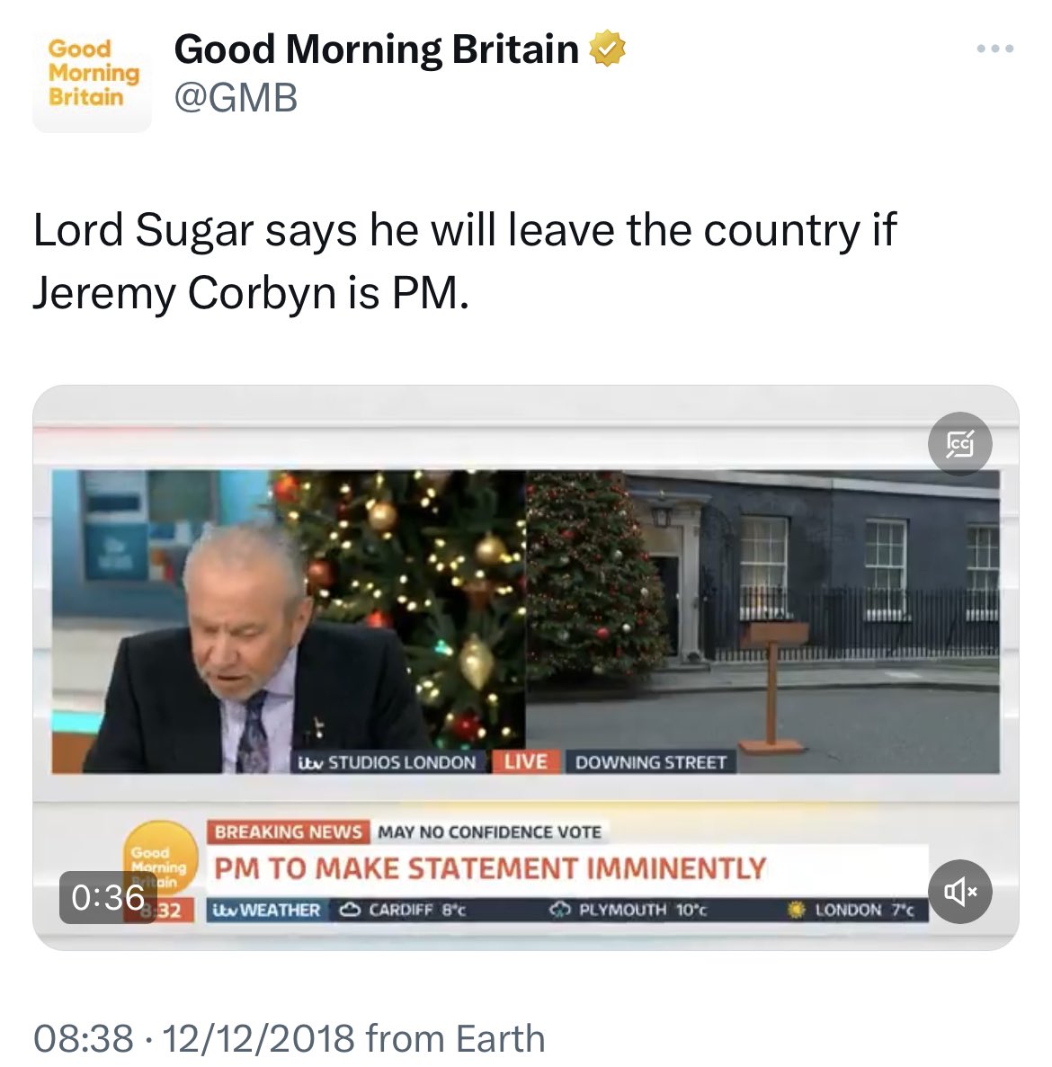 Peston's tweet photo. At the end of 2018 Lord Sugar said he would leave the country if Jeremy Corbyn became PM. Tonight the @thetimes and @TBIJ say he argued to the taxman be wasn’t resident here under a Tory government, in order to avoid a £186m tax payment.  Presumably the BBC Apprentice presenter can clear up this apparent inconsistency