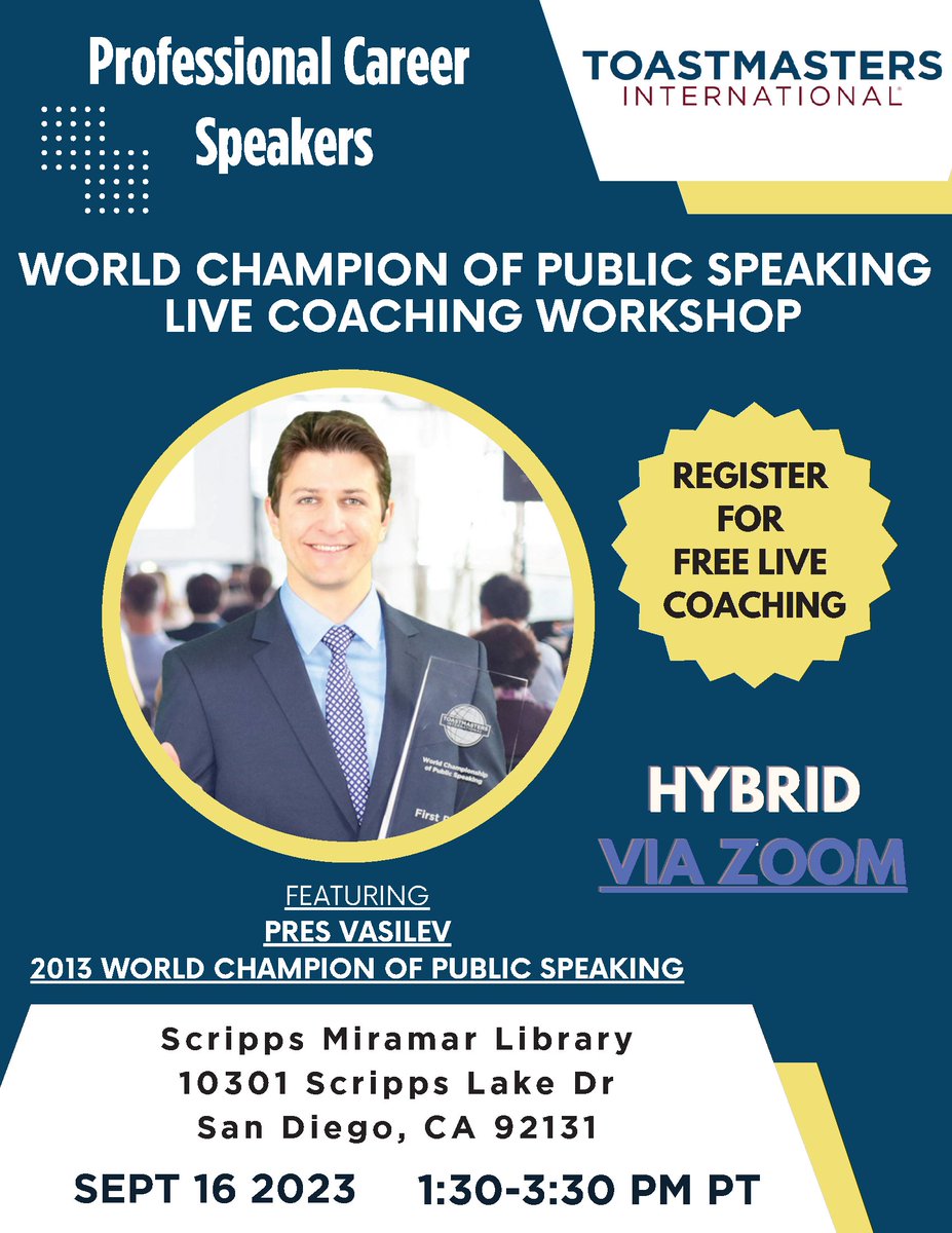 KrisPoolDTM's tweet image. Contest season is coming and to prepare for everyone for success, Professional Career Speakers invites you to attend a free hybrid World Champion of Public Speaking (WCPS) workshop led by one of the most successful WCPS coaches in the world, Pres Vasilev.
