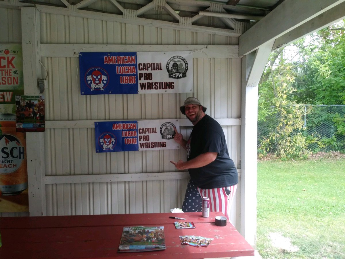LuchaAmericana's tweet photo. Georg Mack and TV's Craig Black are at Eagle Days sponsoring the Guy with a Mullet Landscaping Mullet Contest! Come check out the fun! https://t.co/gDw2Ejj3V8