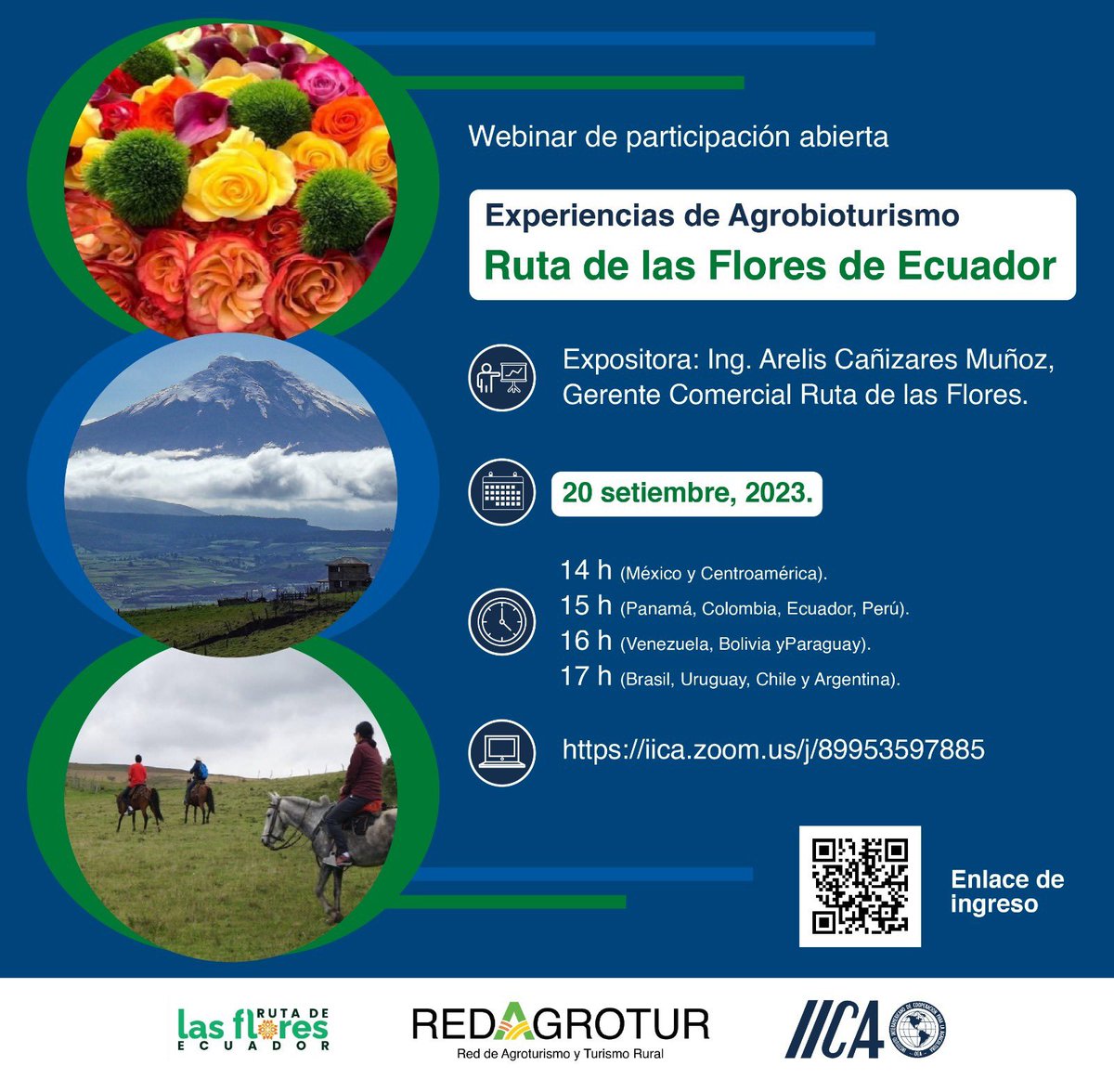 Invitamos a este interesante webinar acerca de la experiencia en agroturismo “ruta de las flores en Ecuador”. Miércoles 20 de septiembre 15h Ecuador en tica.zoom.us/j/89953597885 <a href="/IICAEcuador/">IICA Ecuador</a> <a href="/IICAnoticias/">IICA</a>