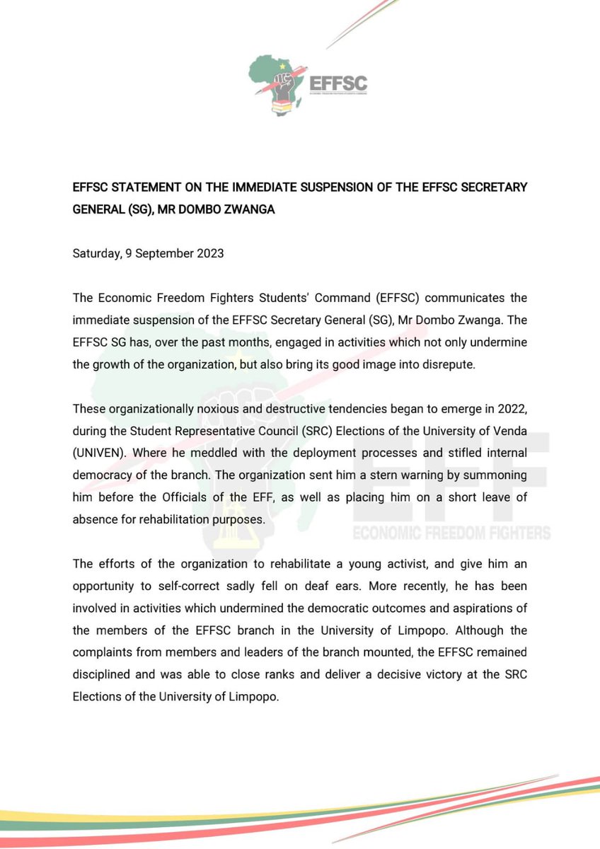 EFFYouthCommand's tweet photo. ♦️EFFSC STATEMENT ON THE IMMEDIATE SUSPENSION OF THE EFFSC SECRETARY GENERAL (SG), MR DOMBO ZWANGA♦️

Saturday, 9 September 2023

“We all have a collective duty to insulate and protect this organisation as it is the last hope of students and youth in South Africa.” https://t.co/bOQwE7hqUU