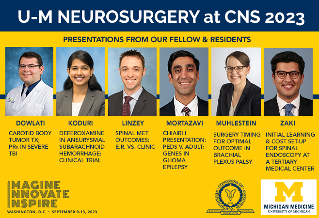 umichneuro's tweet photo. Let's put our amazing endovascular fellow &amp; residents in the spotlight at #CNS2023! Be sure to check your program for all of the when &amp; where details for these inspiring and groundbreaking talks. #goblue  @CNSResidents https://t.co/5sqLzo2WWd