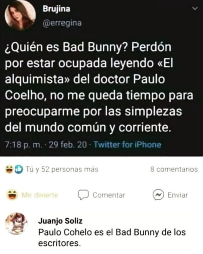 memez_van's tweet photo. #BadBunny #Pregunta #PauloCoelho #Respuesta #Leer #Alquimista #Preocupación #Simplezas https://t.co/DbHbGazgDo