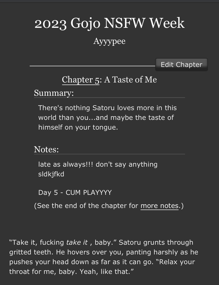 Ok here’s my late ass Day 5 for #gojoNSFWweek2023!!! <a href="/GojoNSFWweek/">Satoru Gojo NSFW Week</a> just a little cum play after a BJ goodbyeeee

archiveofourown.org/works/49845538…