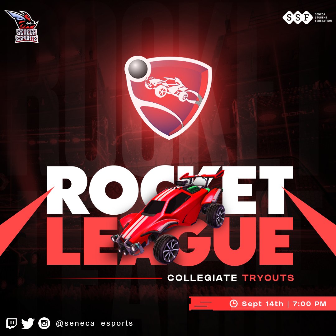 Are you passionate about Rocket League? Seneca College invites you to try out for our Varsity Rocket League Team! 

To try out: 
Register: Complete the form forms.office.com/r/7t3BB1GFB4 

When?:  Sept. 14th @ 7pm  

Have questions? DM us or ask on discord (all links in bio/discord).