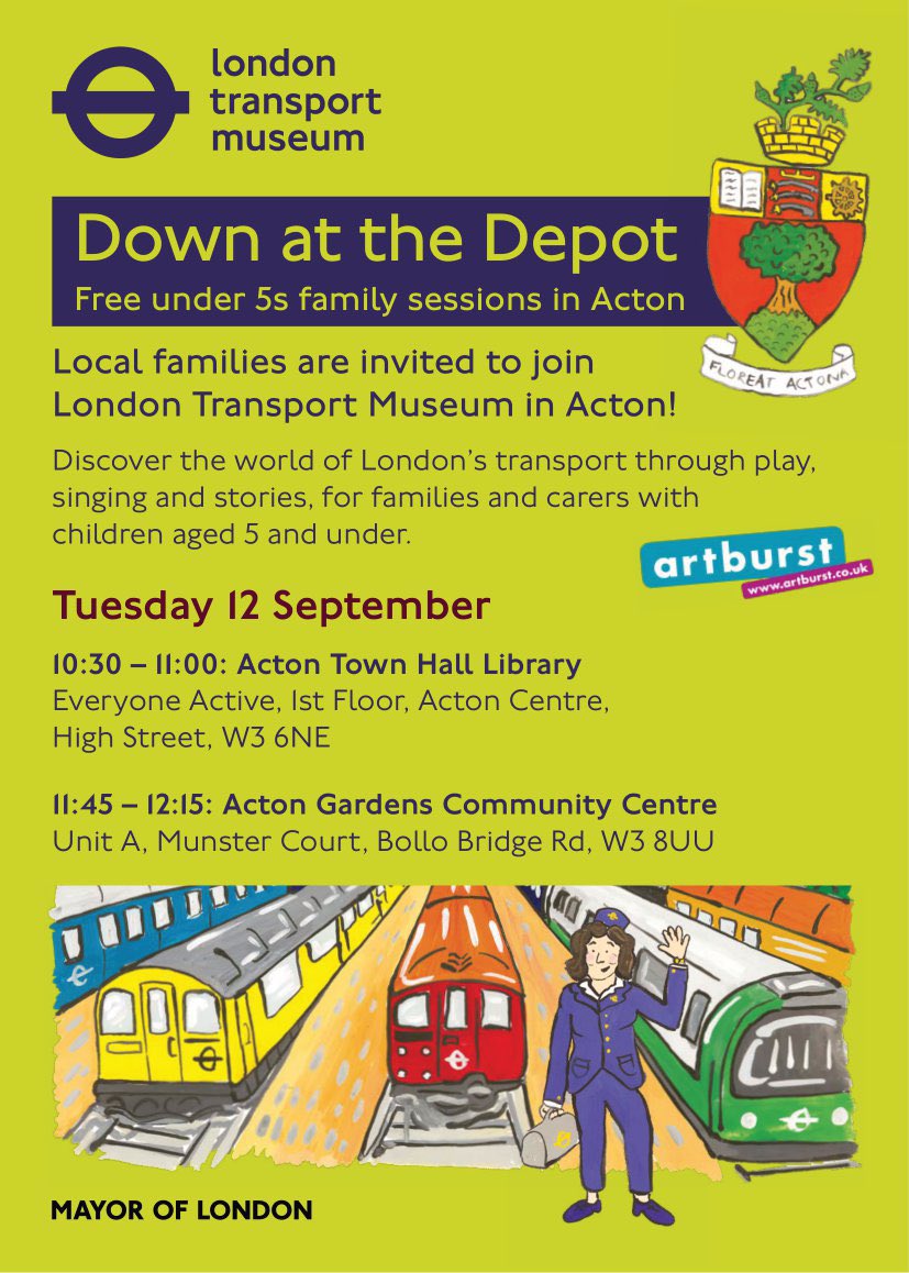 Down at the Depot
Free under 5s family sessions with <a href="/ltmuseum/">London Transport Museum</a> <a href="/artburstltd/">Artburst Ltd</a> 
Tues 12 Sept
10:30 - 11:00: Acton Town Hall Library
11:45 - 12:15: Acton Gardens Community Centre 
#Acton #ActonGardens