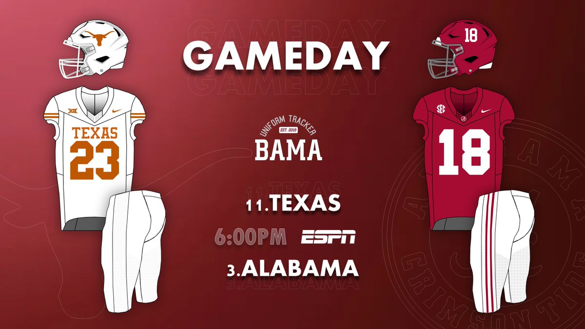 Here's a look at the uniforms for tonight's top-15 matchup between the Tide and Texas. This is a repeat of the uniforms worn for the 2010 BCS National Championship Game.

#BamaUniTracker #RollTide