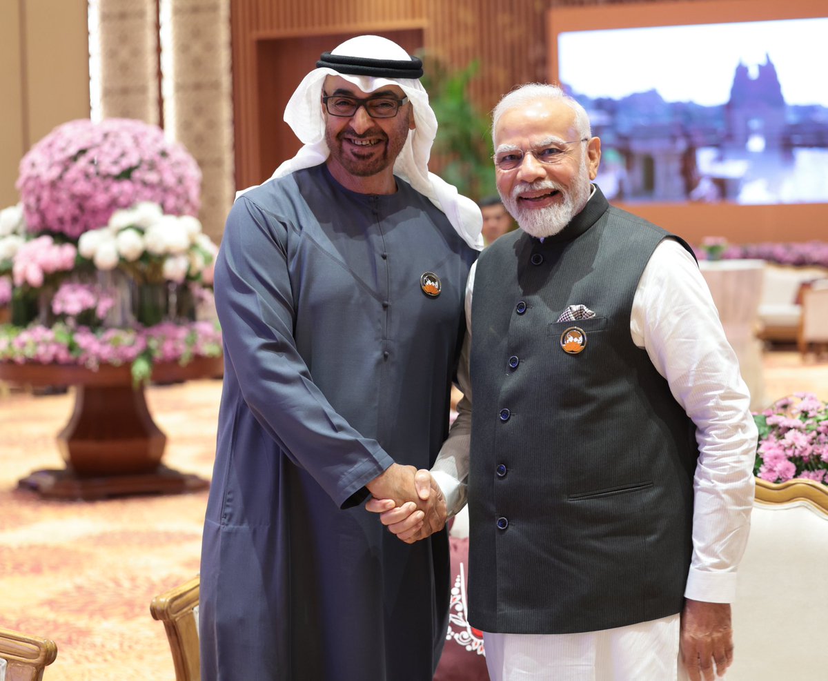 narendramodi's tweet photo. Was wonderful meeting His Highness Sheikh @MohamedBinZayed in Delhi. India deeply values his insightful views and passion towards furthering global good. https://t.co/rSAuIkW64X