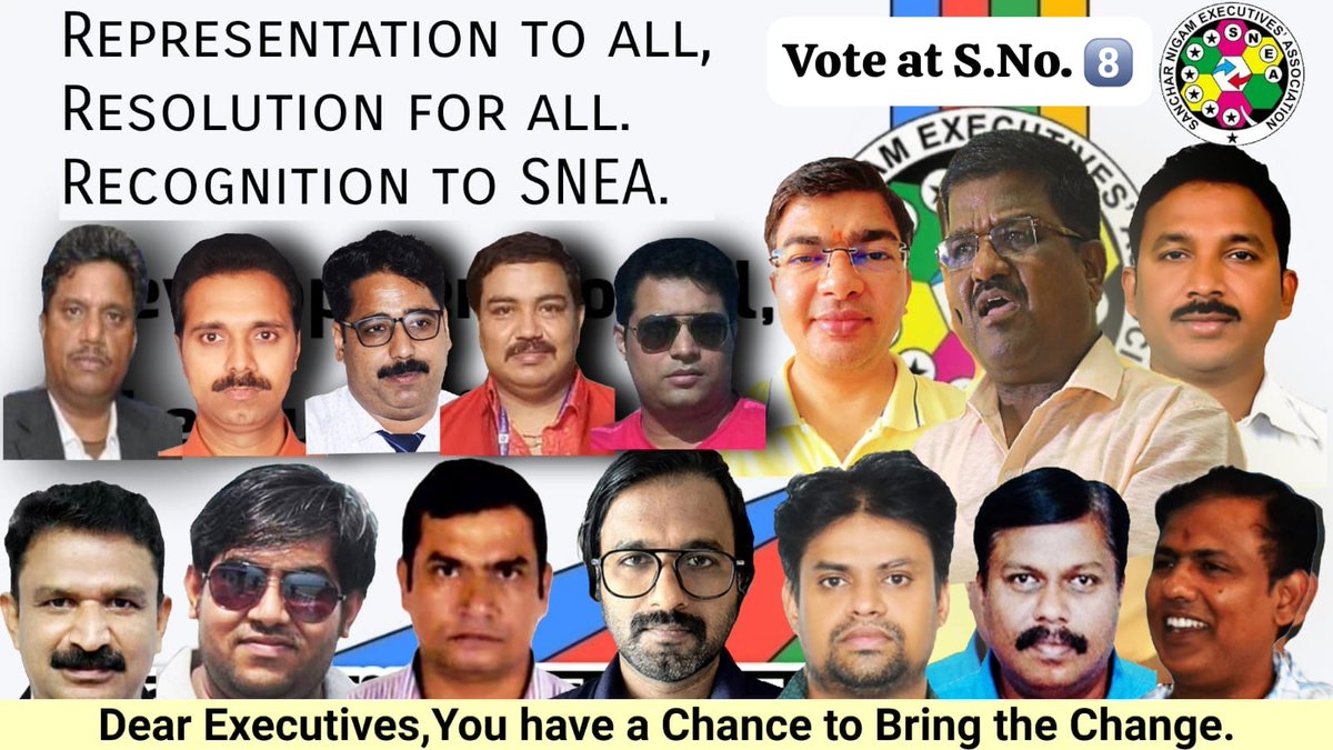 ✨ SNEA Moto ✨
Representation to all,
Resolution for all,
Recognition to SNEA as MA !!
✅ Vote for SNEA at S. No. 8️⃣
SNEA has the support of SEWA, CBOWA, AIBSNLOA &amp; DEWAB to settle the unsettled issues.
@Gssnea <a href="/ManishSmadhiya/">Manish Samadhiya</a> <a href="/pavitrahcst/">Pavitra Singh</a> <a href="/SPMALLA_31/">Dr.MALLA SATYA PRASAD</a> <a href="/niranjanbsnl150/">niranjan</a> <a href="/isaac_b27/">Brelin Isaac</a>