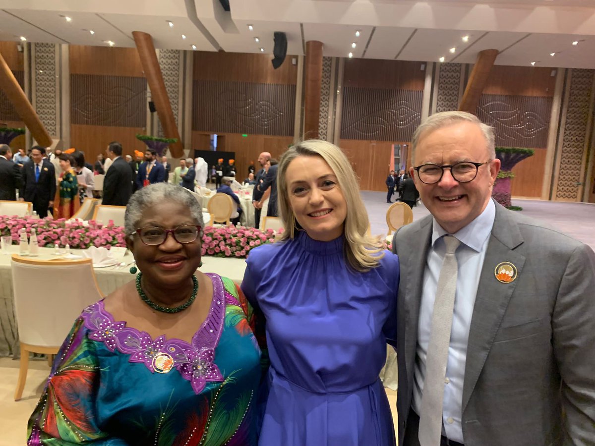 NOIweala's tweet photo. At the #G20 Dinner with PM Kishida &amp; First Lady Yuko Kishida of Japan @JPN_PMO, President @officialABAT of Nigeria, PM @AlboMP of Australia, PM @RishiSunak of the UK, @IMFNews MD @KGeorgieva &amp; DMD @GitaGopinath https://t.co/1w6IKegpyJ