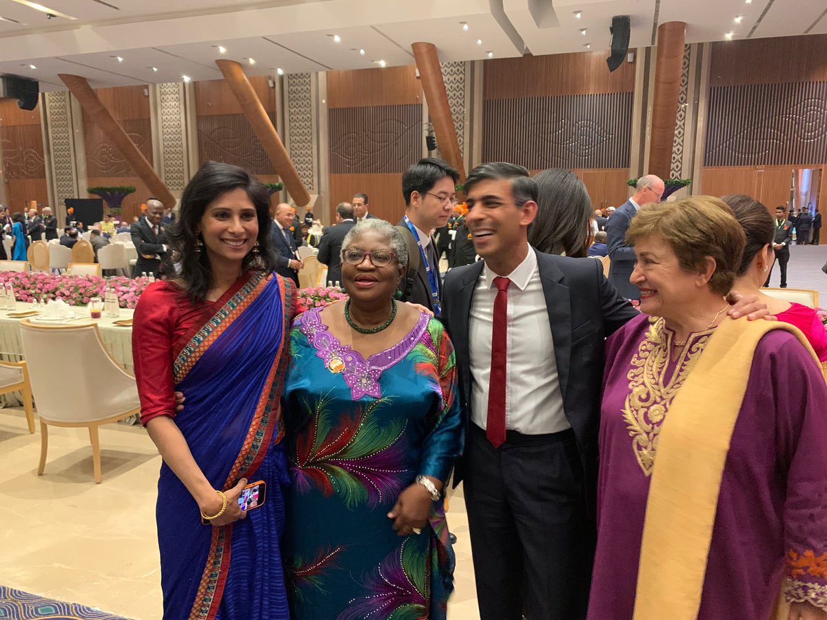 NOIweala's tweet photo. At the #G20 Dinner with PM Kishida &amp; First Lady Yuko Kishida of Japan @JPN_PMO, President @officialABAT of Nigeria, PM @AlboMP of Australia, PM @RishiSunak of the UK, @IMFNews MD @KGeorgieva &amp; DMD @GitaGopinath https://t.co/1w6IKegpyJ