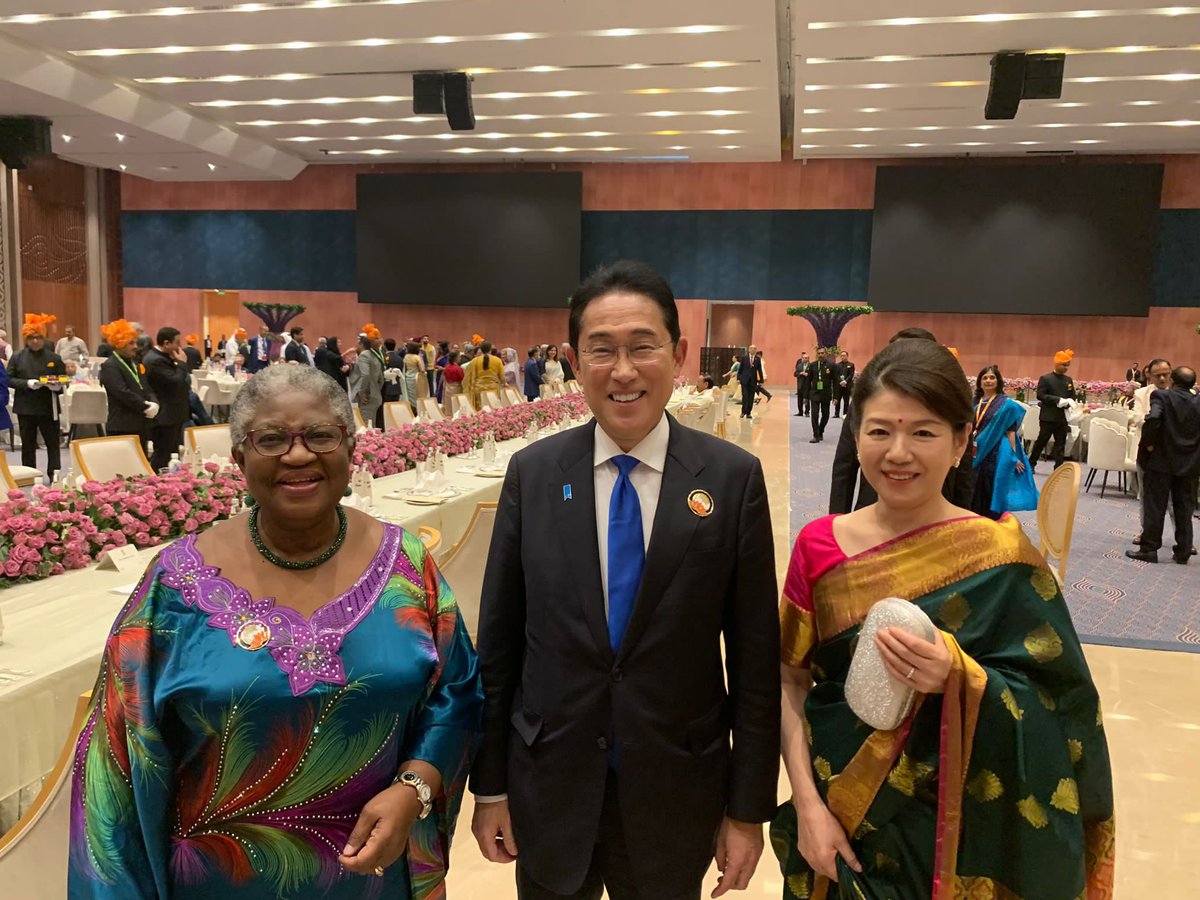 NOIweala's tweet photo. At the #G20 Dinner with PM Kishida &amp; First Lady Yuko Kishida of Japan @JPN_PMO, President @officialABAT of Nigeria, PM @AlboMP of Australia, PM @RishiSunak of the UK, @IMFNews MD @KGeorgieva &amp; DMD @GitaGopinath https://t.co/1w6IKegpyJ