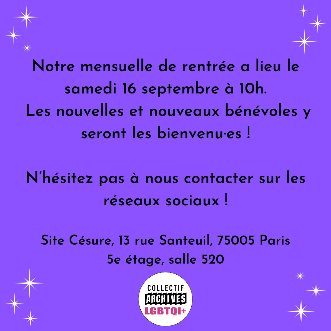 LgbtqiArchives's tweet photo. 📢APPEL À BÉNÉVOLES !  📢
Laissez-vous emporter par la fièvre des archives et rejoignez-nous pour construire le nouveau centre en Île-de-France ! 
 La prochaine réunion mensuelle est le 16 septembre à 10h, nouveaux et nouvelles sont les bienvenu·es !
🔥🥵💜🌈🦄 https://t.co/D28fWnF6Mf