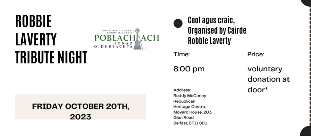 dominicadams65's tweet photo. Our friend and comrade Robbie Laverty died on May 31st this year.
Dermot Kennedy , Desy Collins and I are organising this event on the 20th October. 
I would urge Robbie's many friends to come along and to share this post. Pay at Door.
Grma.
Cairde Robbie Laverty. https://t.co/cPKqiZ8nug