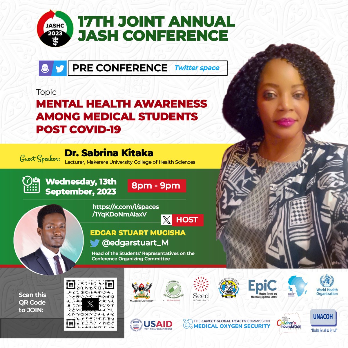The 17TH annual JASH conference, has Mental health as one of it's sub-themes. In regards to this, I will host an X(twitter space) on 13th September from 8pm to 9pm, apart of the students' pre-conference activities. 
#JASHC2023
@MakerereCHS 
@SabrinaKitaka 
@BushHerbert1