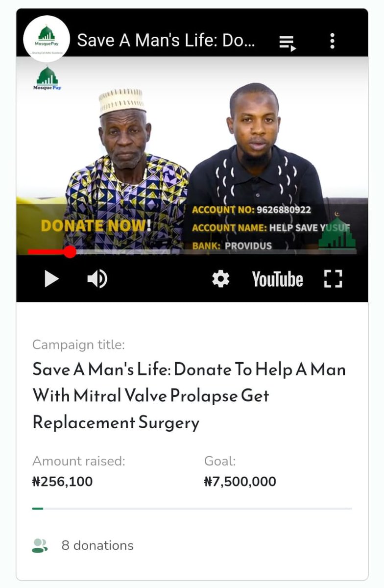 Mosquepay1's tweet image. Alhamdulillah for the progress so far. 
We have raised: ₦256,100
Shortfall: ₦7,243,900
Goal: ₦7,500,000
Please help #saveyusuf

Bank Name: Providus
Acc Number: 9626880922
Acc Name: Help Save Yusuf

Donate Anonymously Via: mosquepay.org/yusuf

Checkout our story…