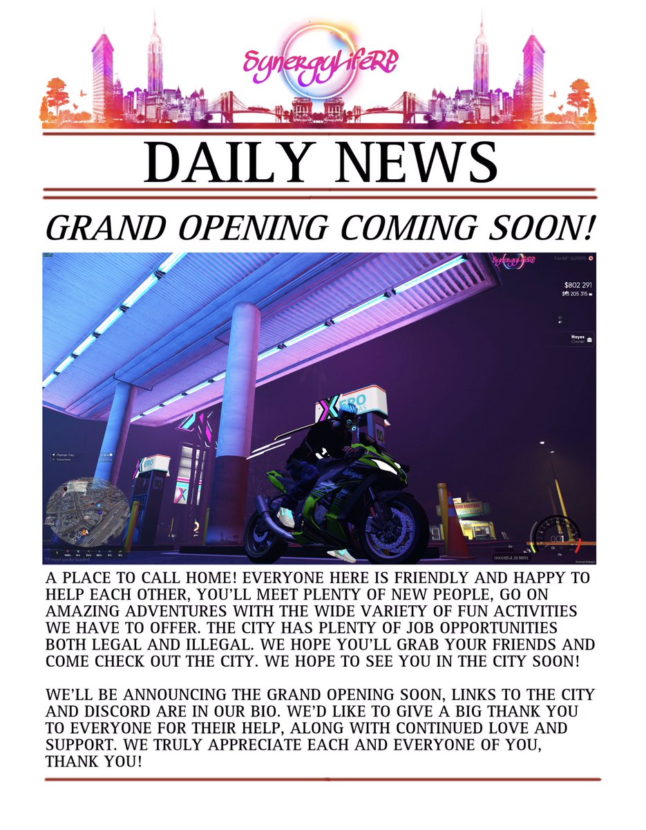 SynergyLifeRP (@synergyliferp) on Twitter photo Grand Opening Coming Soon! Join discord here: discord.gg/kPwEEey7kW for more information! Hope to see you soon!
#GTAV
#GTAOnline
#FiveM
#roleplaying
<a href="/GTARPServers/">GTA Roleplay Servers on FiveM for RP</a>
#DiscordServer
#Gameplay
#GamingCommunity
#pcgaming
#bikelife
#CityLife
#streamer #cityphotography Grand Opening Coming Soon! Join discord here: discord.gg/kPwEEey7kW for more information! Hope to see you soon!
#GTAV
#GTAOnline
#FiveM
#roleplaying
<a href="/GTARPServers/">GTA Roleplay Servers on FiveM for RP</a>
#DiscordServer
#Gameplay
#GamingCommunity
#pcgaming
#bikelife
#CityLife
#streamer #cityphotography