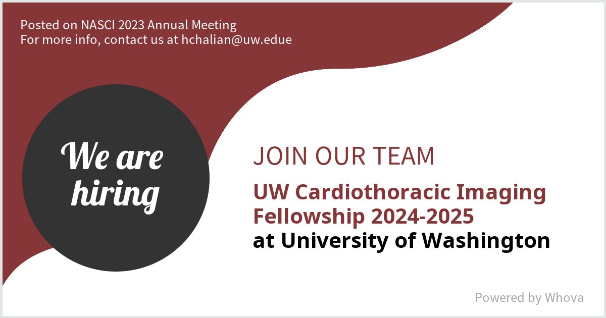 We are #hiring for UW Cardiothoracic Imaging Fellowship 2024-2025 at University of Washington . Message me if you're interested in joining our team. We are attending NASCI 2023 Annual Meeting if you would like to meet!