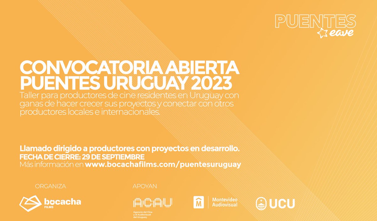 📣 ¡Llamado a productores de cine residentes en Uruguay!

Están abiertas las postulaciones para el taller Puentes Uruguay 2023

🎬

🗓️ Fecha límite de postulación: 29 DE SEPTIEMBRE

📝 Bases y formulario: bocachafilms.com/puentesuruguay

ℹ️ Consultas: puentes@bocachafilms.com