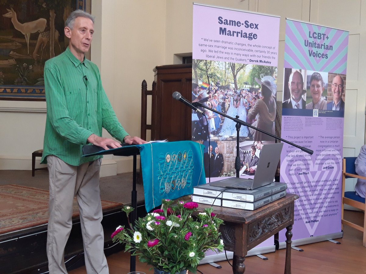 LGBTQ+ human rights campaigner Peter Tatchell talking about his friend Dudley Cave at the launch of the LGBTQ+ Voices exhibition at Golders Green Unitarians