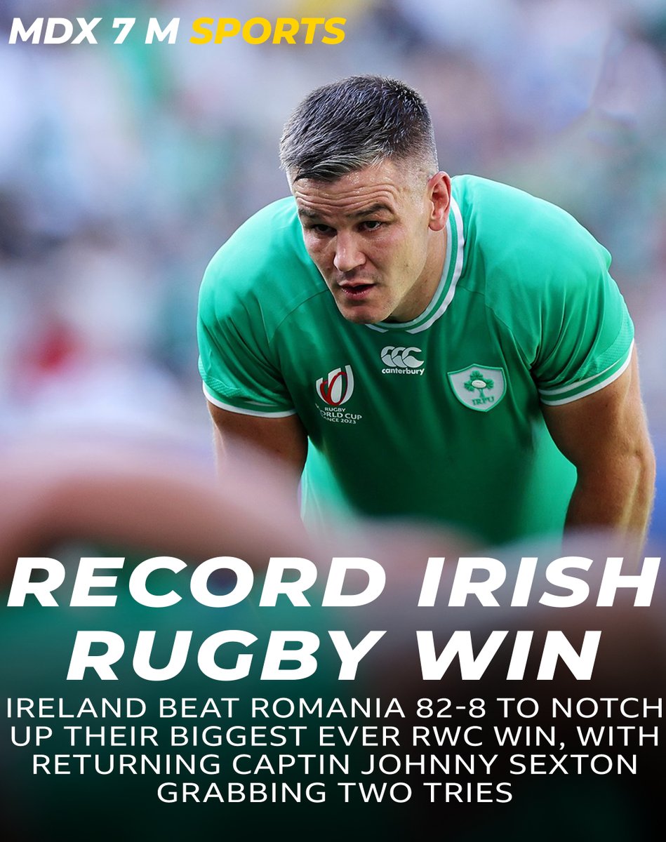 SportsMdx's tweet photo. Ireland's biggest World Cup win ever! 👏💥🤩🏉🔥☘ 🇮🇪
#MDX7MSportsRugby | #RWC2023 | #IREvsROM | #RugbyWorldCup | #Coupedumondederugby #IRE #ROM https://t.co/zfo6N5o2Nz