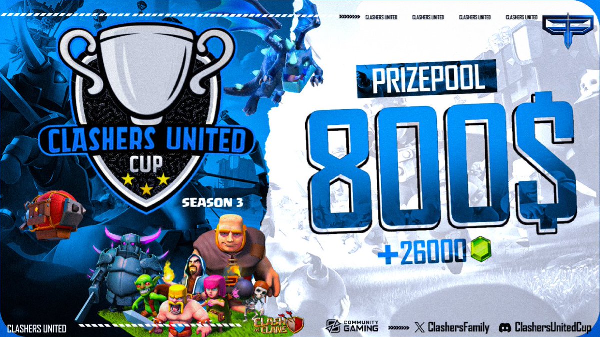 Registration for the Season 3 of the #ClashersUnitedCup has begun! Registration will close on September 20th .
Join our Discord Server to sign up discord.gg/clashers-unite… 

1000 Gems 💎 #Giveaway 
To Participate do the following 
Like ❤️ , Repost ♻️ and Follow <a href="/ClashersFamily/">ClashersUnitedFamily Community</a>